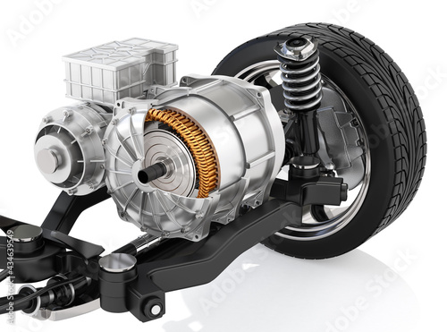 Cutaway view of Electric Vehicle Motor with suspension on white background. 3D rendering image.  photo