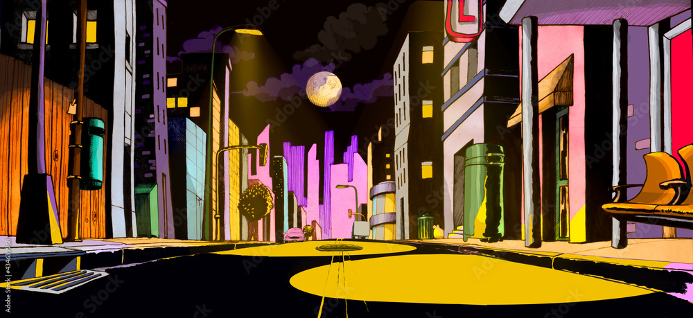 Obraz premium Street comic in the city at night with yellow purple and black tones in the moonlight