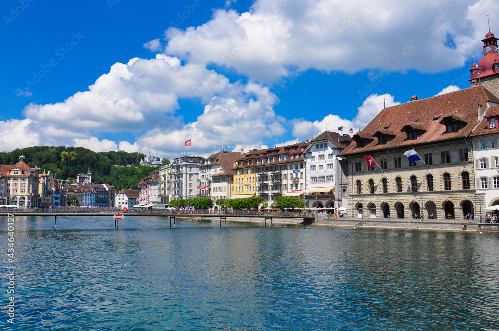 Scenic panorama of the Old Town medieval architecture in Luzern, Switzerland.