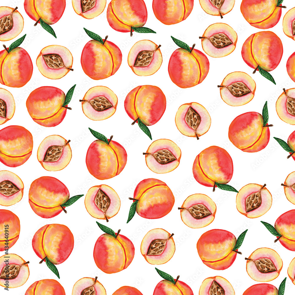 Watercolor peach, nectarine, seamless pattern on a white background. Hand drawn fresh food design elements isolated on a white background. Watercolor peach, nectarine, seamless pattern on a white background. Hand drawn fresh food design elements isolated on a white background.