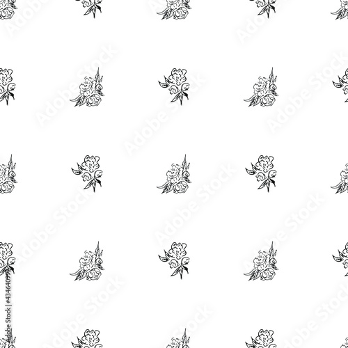 Doodle simple vector seamless pattern of hand-drawn peonies. Seamless pattern of hand-drawn peonies. Isolated on white background