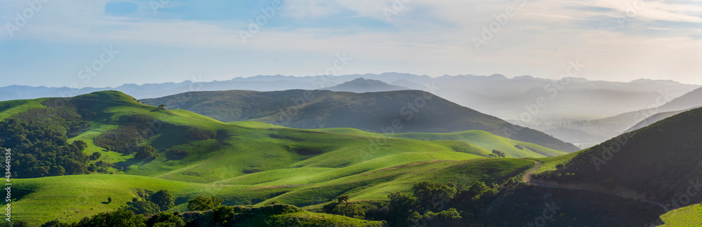 Panorama of green hills, pastures, spring, sky