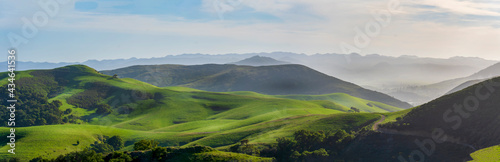 Panorama of green hills, pastures, spring, sky