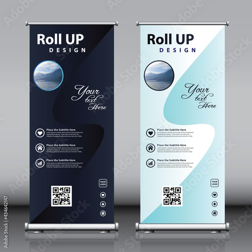 Vertical stand street roll up banner with image titles, descriptions and QR code. Display business x-banner flag banner with editable colors