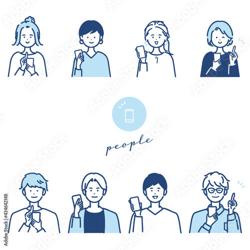 スマートフォンを使う男女の人物アイコンセット｜SNS・オンライン・予約・通販イメージ