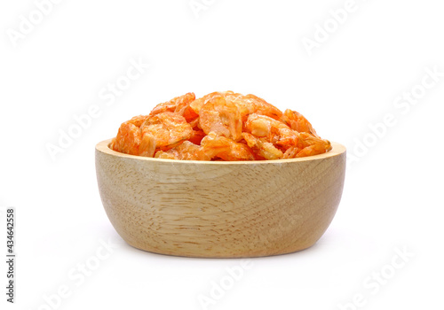 Dried shrimp in wooden bowl isolated on white background
