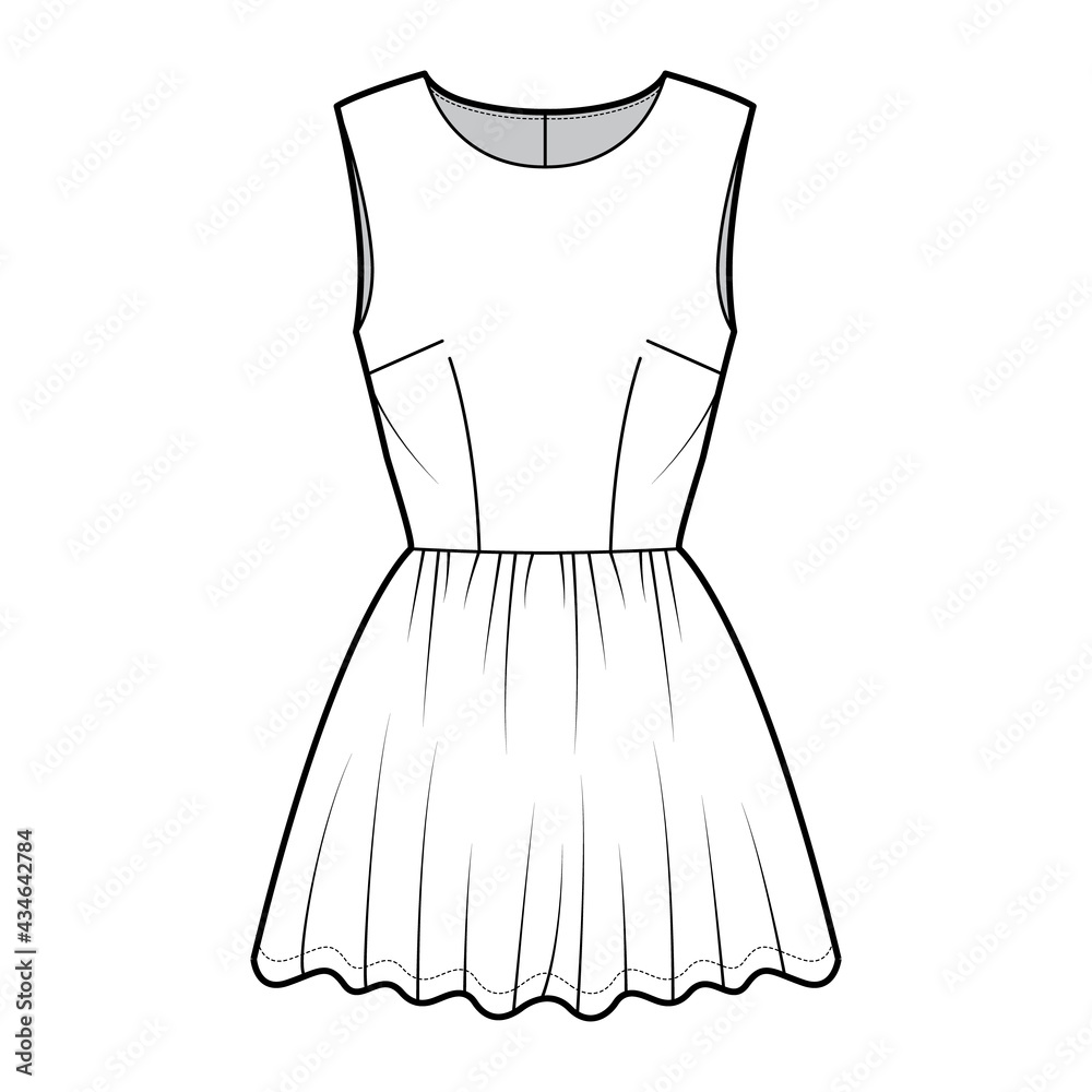 Dress short technical fashion illustration with sleeveless, fitted body, mini length full skirt. Flat apparel front, white color style. Women, men unisex CAD mockup