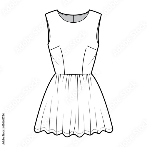 Dress short technical fashion illustration with sleeveless, fitted body, mini length full skirt. Flat apparel front, white color style. Women, men unisex CAD mockup