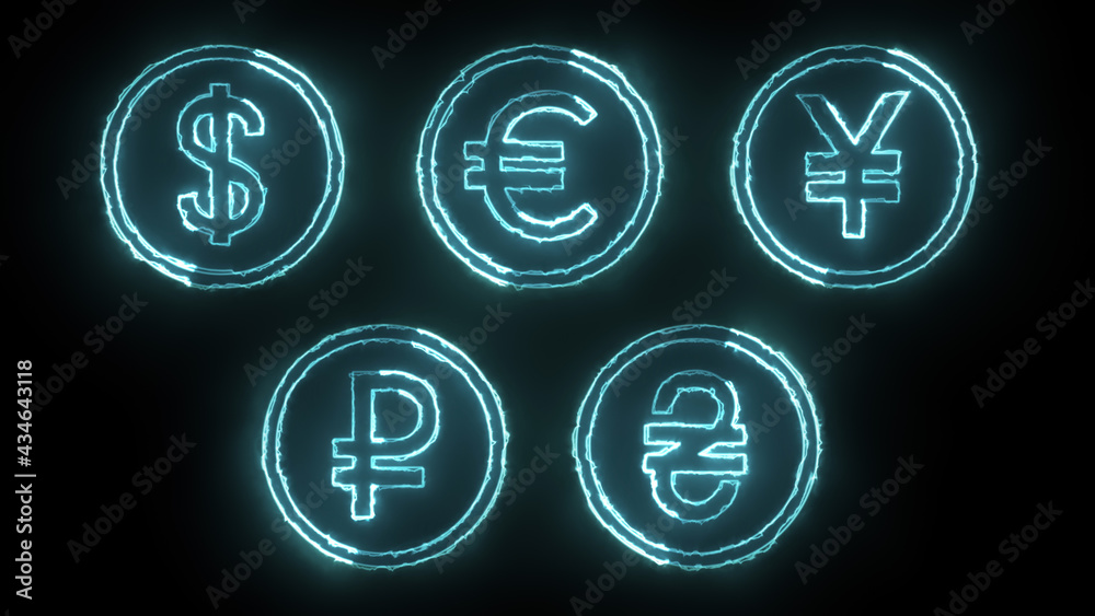 3D rendering glow effects of contours of currencies on a black background. Neon design elements