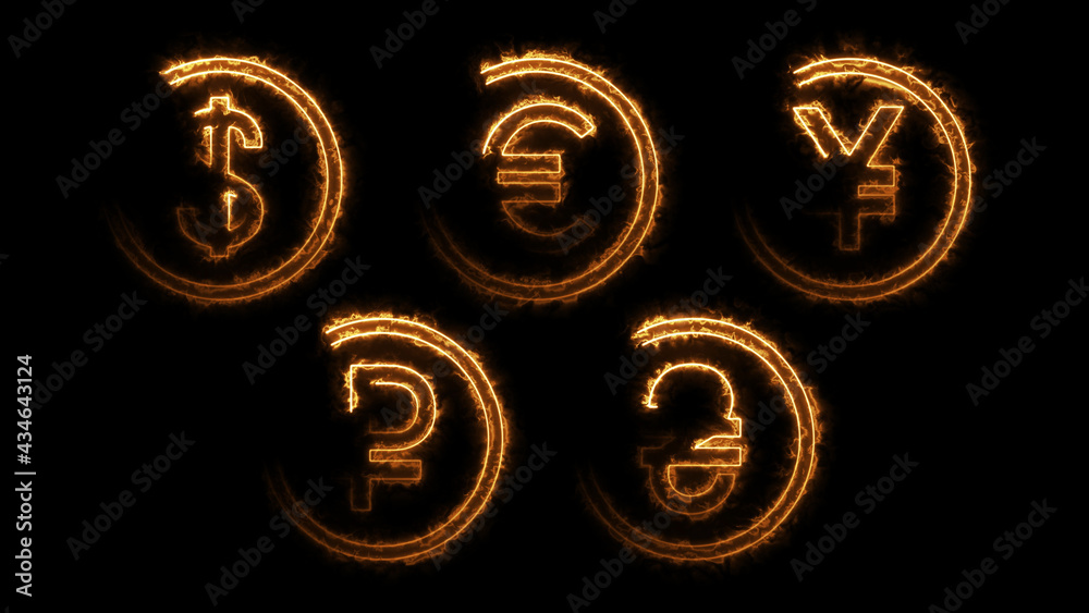 3D rendering glow effects of contours of currencies on a black background. Neon design elements