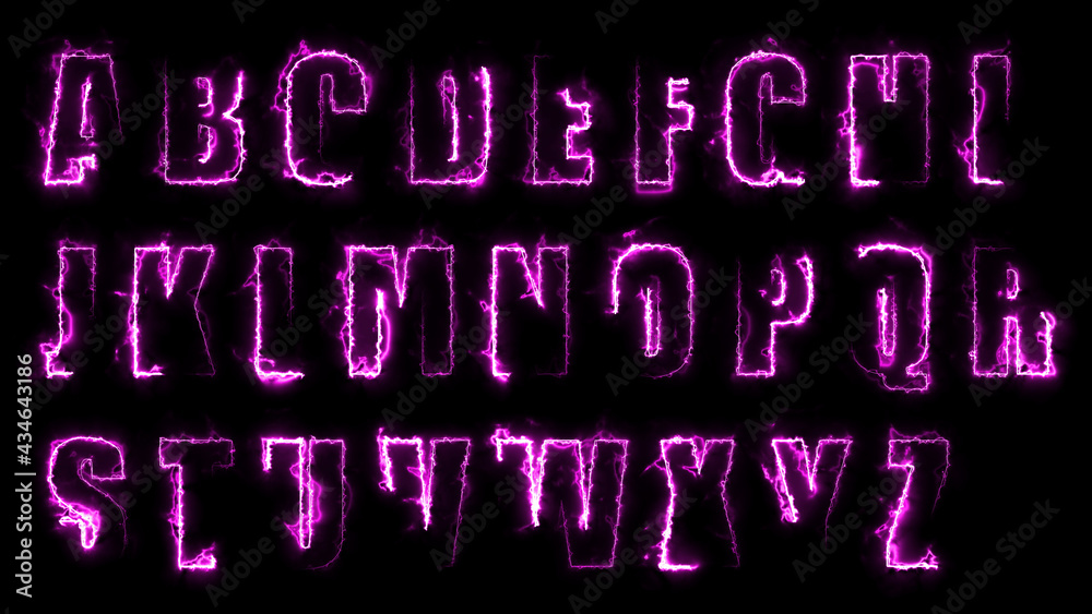 3D rendering glow effects of the contours of the uppercase letters of the English alphabet on a black background. Neon design elements