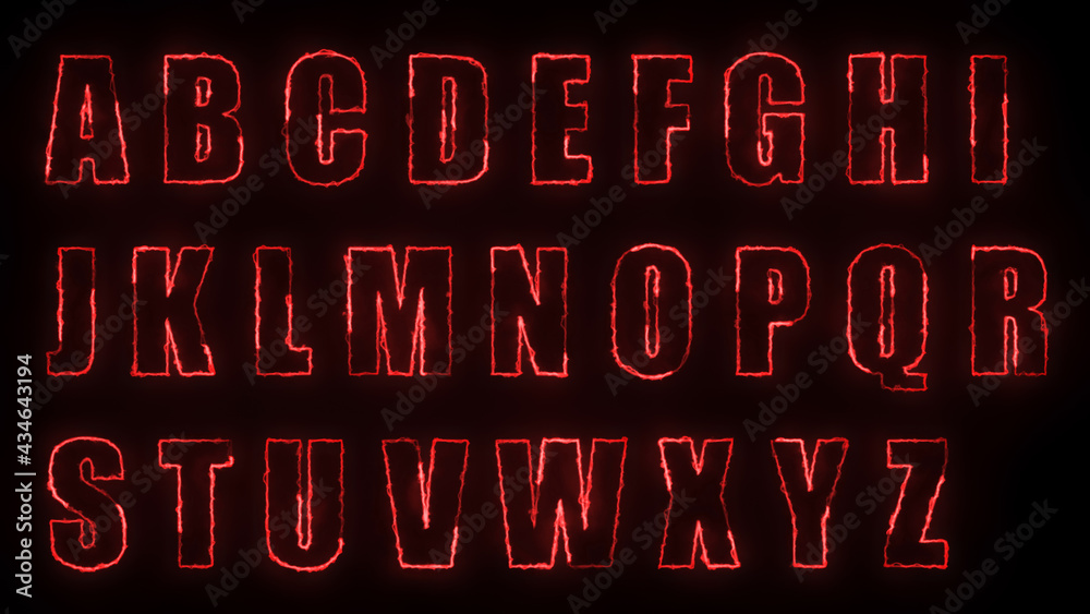 3D rendering glow effects of the contours of the uppercase letters of the English alphabet on a black background. Neon design elements
