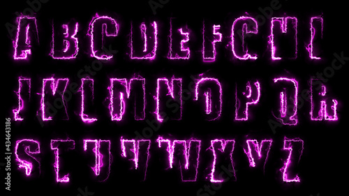 3D rendering glow effects of the contours of the uppercase letters of the English alphabet on a black background. Neon design elements