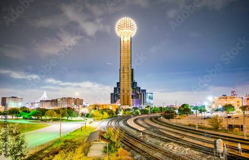 Iconic Observation Tower, Railroad Tracks and City Park at Night - Dallas, Texas, USA  photo