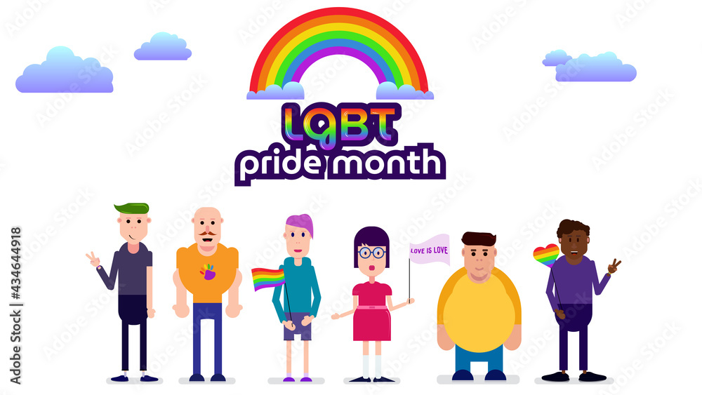 LGBT Pride Month Concept. A group of people at the pride parade: gay, lesbian, gay 