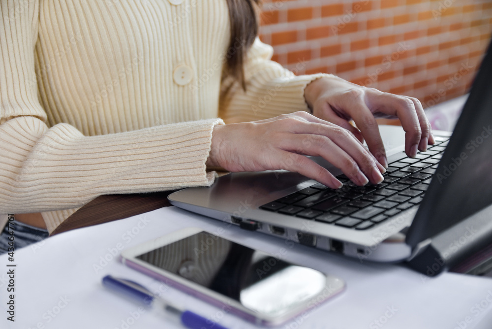 Fototapeta premium Women working at home, work from home freelance , Woman work computer online at home