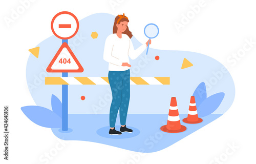 Female character looking at traffic cone with magnifier as road safety barrier