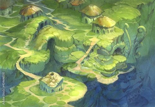 Original fantasy hand painted illustration of a mysterious place, abandoned fairy village