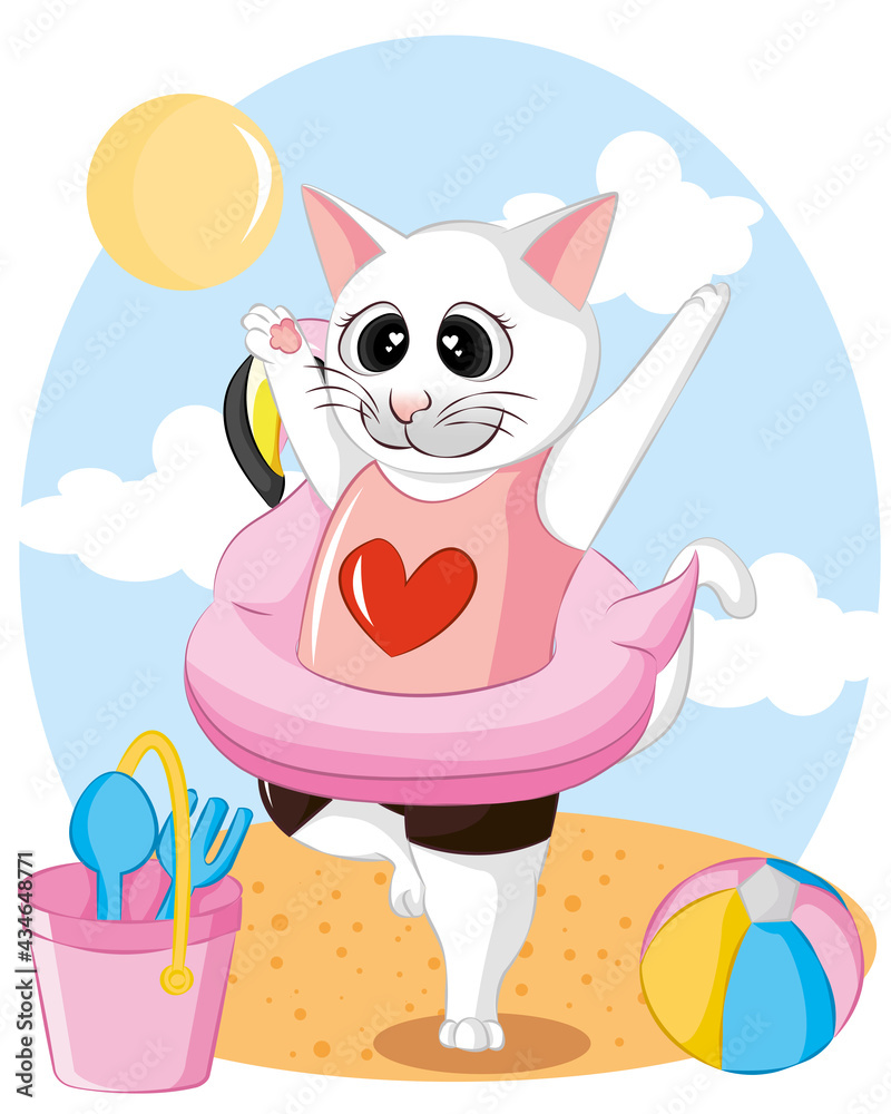 Cute cat summer floating on beach with flamingo balloon cartoon illustration.