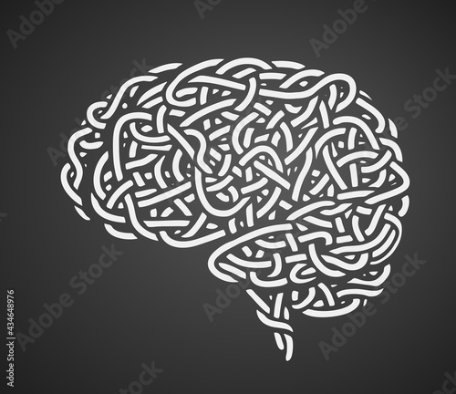 Human brain consist of noodles hand-drawn on black background