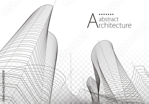 3D illustration linear drawing, imagination architecture urban building design, architecture modern abstract background. 