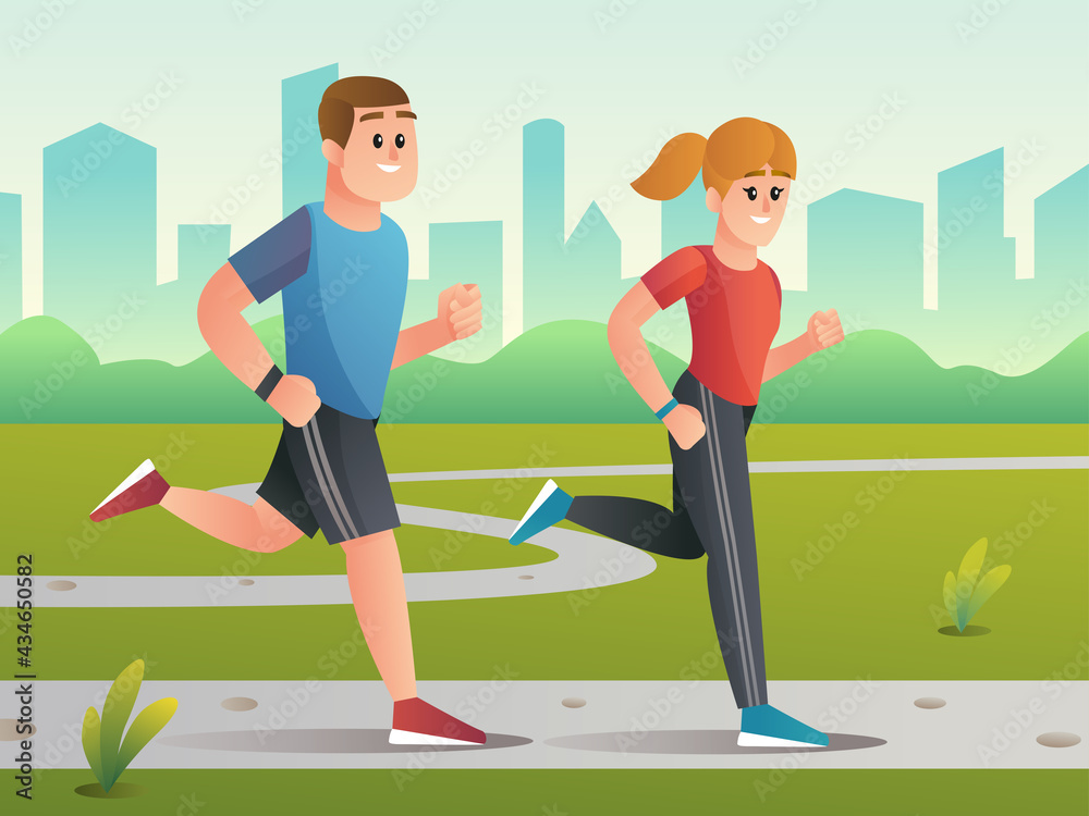 Boy and girl are running in the garden illustration
