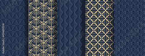 Gold Pattern Set as Art Deco. style. Part Triangle, square, rhombus luxury seamless pattern. Abstract Moths on dark background vector illustration