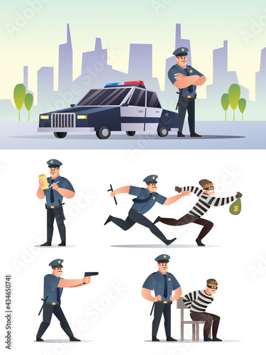 Police and robber character with city background set collection cartoon