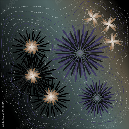 Abstract illustration of purple, green, tan black and white flowers, with ever-widening dotted outlines