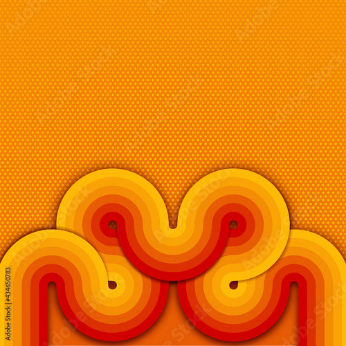 Abstrakcyjne retro tło z geometrycznymi artystycznymi liniami w kolorach: żółtym, pomarańczowym i czerwonym. Tło z deseniem w kropki.