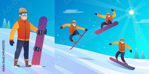 Winter snowboarder character with different jump poses illustration