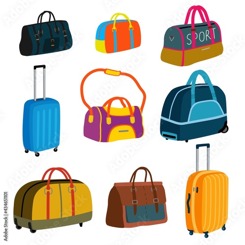 Set of different suitcases and travel bags. Baggage, luggage. Sports bag, leather briefcase, women handbag, wheeling suitcase. Cartoon flat vector illustration