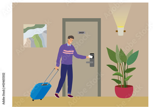 Check-in to a hotel room. A man, tourist with a suitcase moves into a hotel room, opens the door of the room with an electronic key. Hotel corridor interior, potted plant, shining wall lamp, painting 
