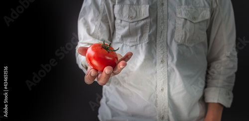 Person whose face is not seen offering with his hand a ripe and appetizing red tomato