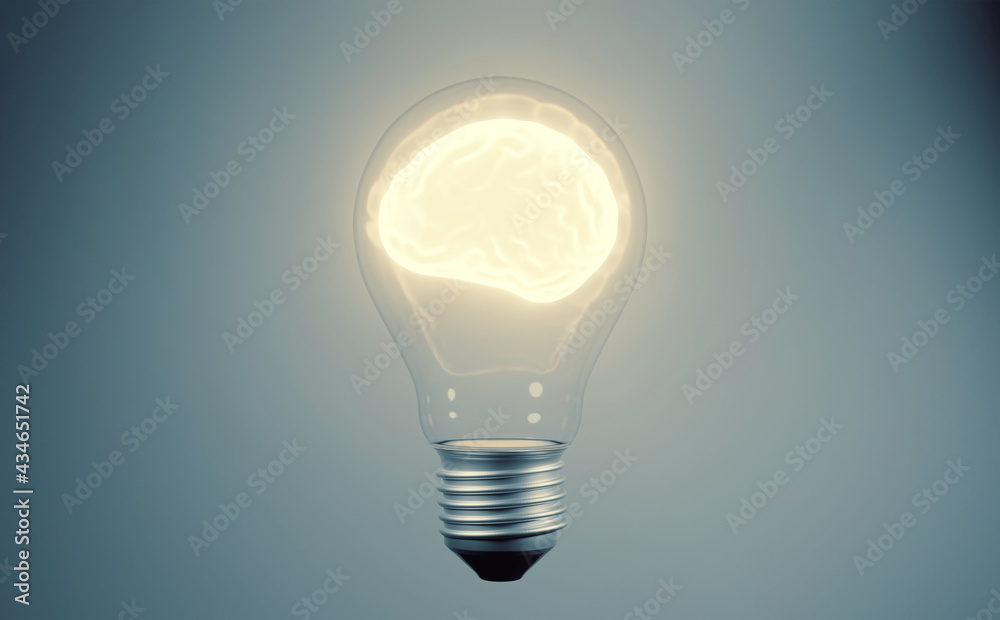 3D Rendering of glowing human brain inside a light bulb. Concept for creativity, brainstorming, innovation, and new idea business product 3D Rendering of glowing human brain inside a light bulb. Concept for creativity, brainstorming, innovation, and new idea business product