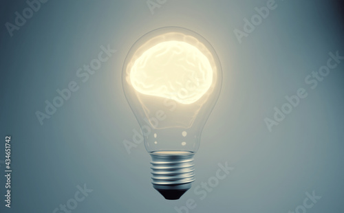 3D Rendering of glowing human brain inside a light bulb. Concept for creativity, brainstorming, innovation, and new idea business product