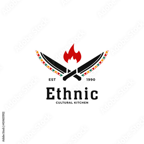 Ethnic traditional african cultural kitchen soul restaurant logo with knife and hot fire icon