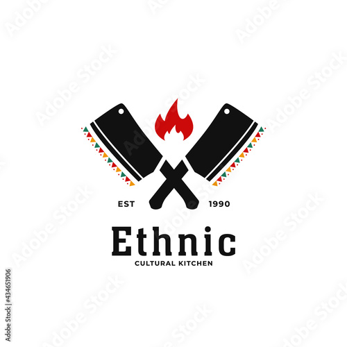 Ethnic traditional african cultural soul kitchen logo icon with butcher knife crossed