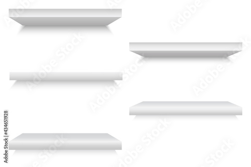 White shelves. White empty room. Interior design. Graphic design. Front view. Stock image. Vector illustration.