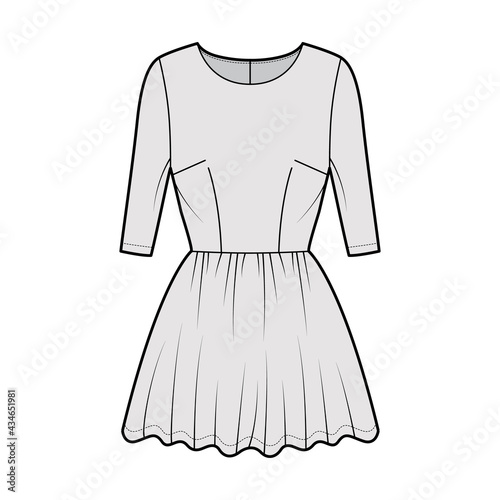 Dress short technical fashion illustration with elbow sleeve, fitted body, mini length full skirt. Flat apparel front, grey color style. Women, men unisex CAD mockup