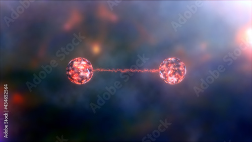 Conceptual 3D illustration of quantum entanglement. Also can be use for Quantum correlation or Quantum mechanics background. 3D rendering Quantum computing physics technology science background.