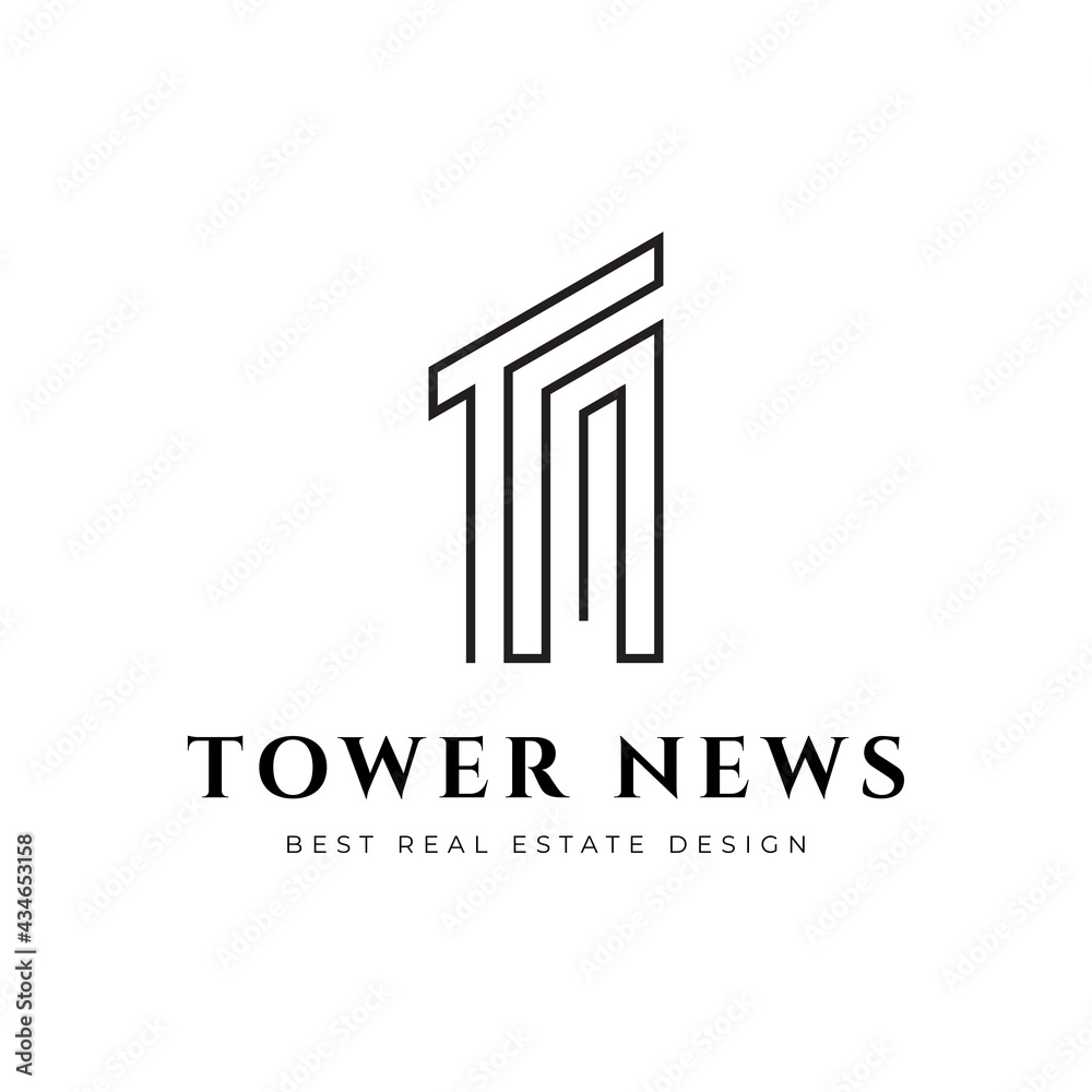 Tower logo line design vector template. Real estate logo with letter TN.