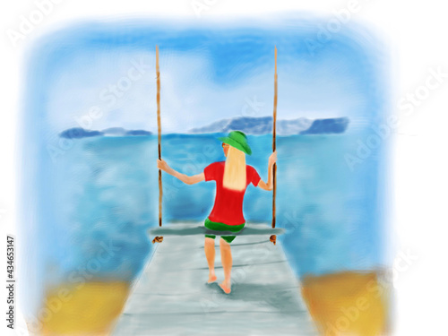 Hand drawn illustration of a young blonde girl swinging on a swing by the sea and looking into the distance at the mountains and the sky

