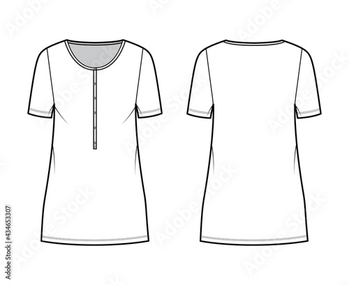 Dress henley collar technical fashion illustration with short sleeves, oversized body, mini length pencil skirt. Flat apparel front, back, white color style. Women, men unisex CAD mockup