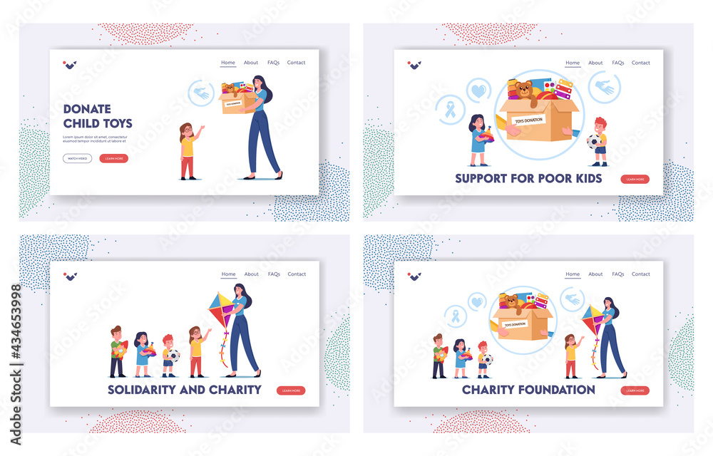 Charity Foundation Landing Page Template Set. Woman Giving Toys to Orphans around Donation Box, Help to Poor Kids.