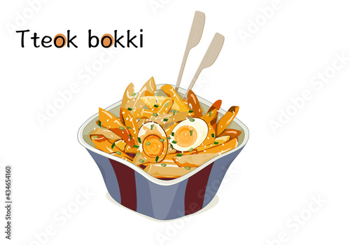 Tteok Bokki food box. South Korean street food. Fried garae-tteok or rice cakes with sauce and eggs. Isolated plate of So-tteok so-tteok on white background vector illustration. Asian food drawing. 