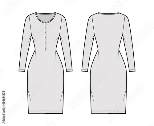 Dress henley collar technical fashion illustration with long sleeves, fitted body, knee length pencil skirt. Flat apparel front, back, grey color style. Women, men unisex CAD mockup