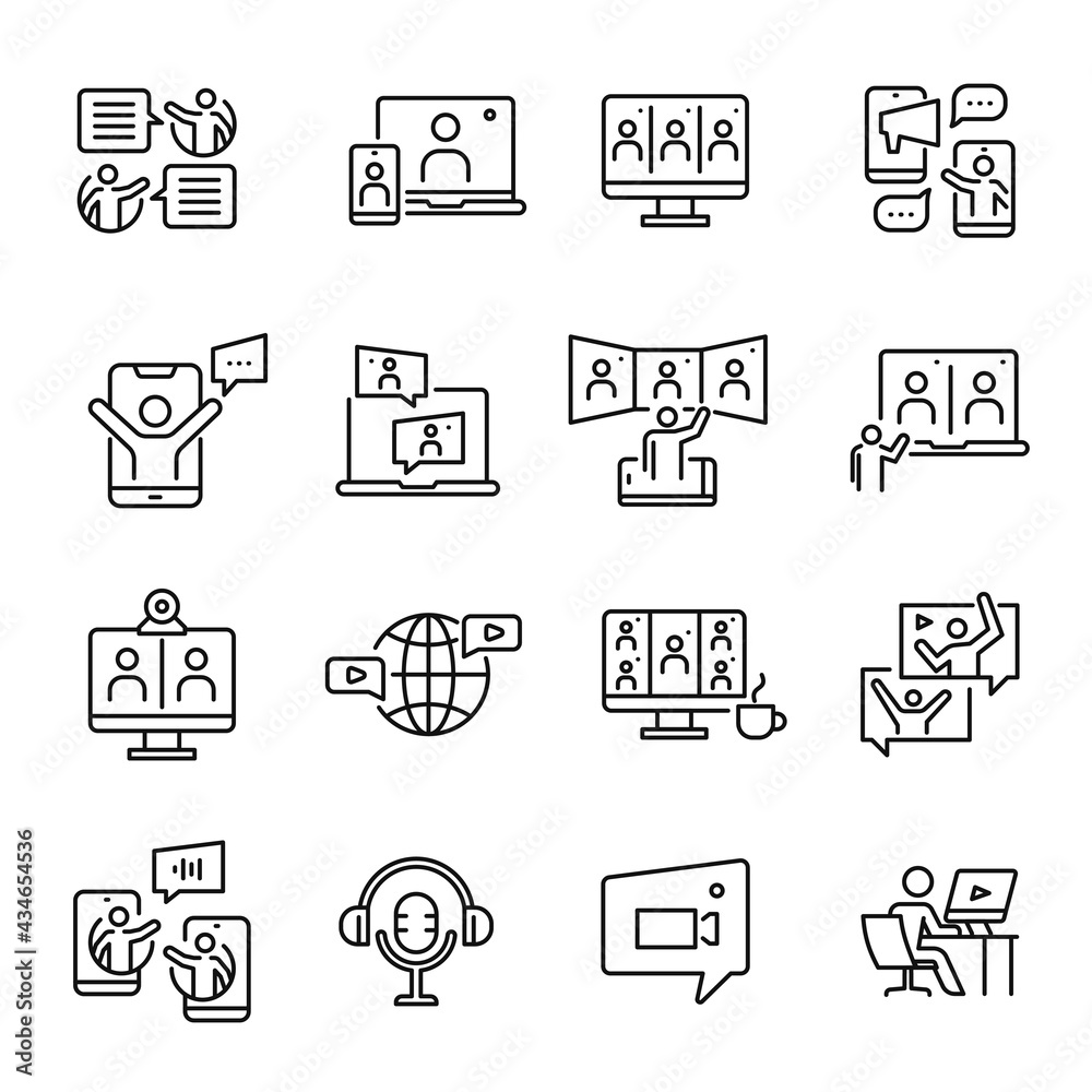 Fototapeta premium Collection of simple online meeting icon vector illustration. Self isolation, webinar, e learning