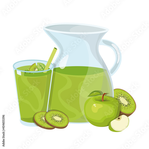 Apple juice jug with kiwi, summer vitamin drink, food vector illustration