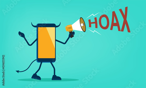 Smartphone character shouting using megaphone with hoax text concept. Hoax fake news or messages flat vector illustration.